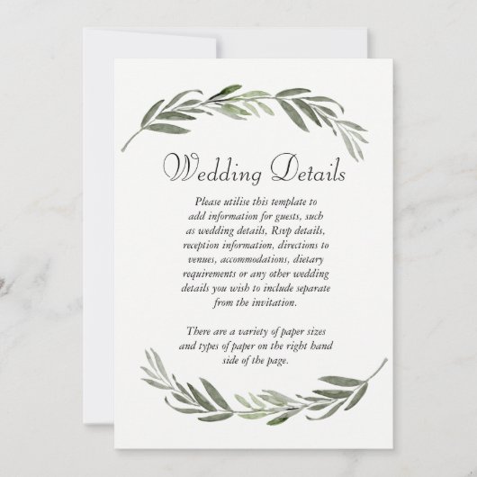 Invitation Détails de réception de mariage à feuille verte él (Devant)