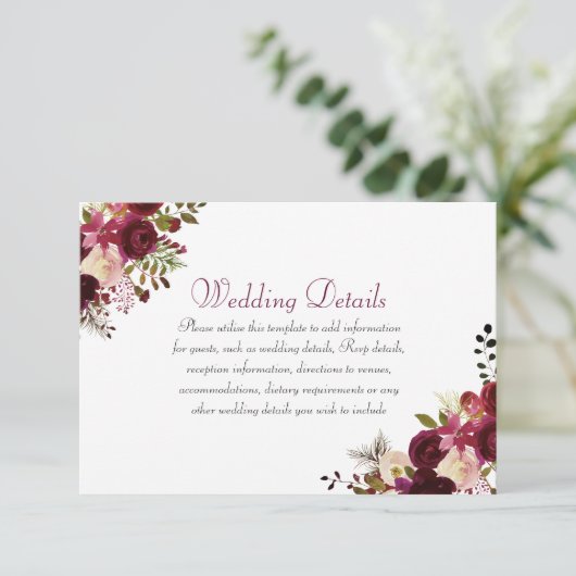 Invitation Détails de réception de mariage bohème bordeaux él (Debout devant)