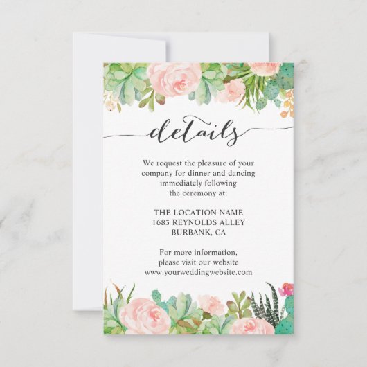 Invitation Détails de réception de mariage de cactus succulen (Devant)