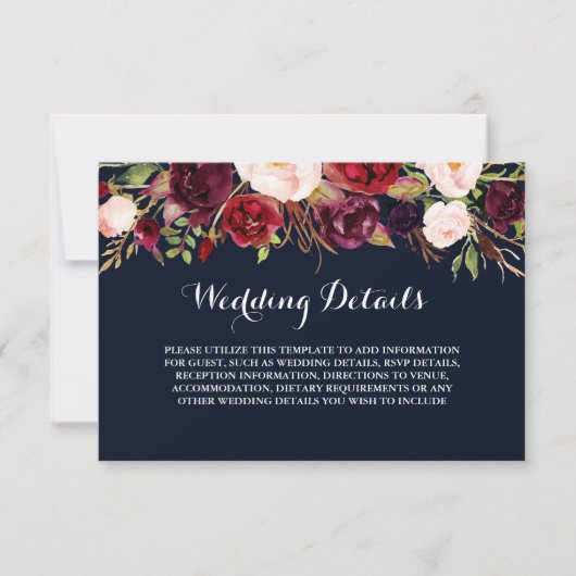 Invitation Détails de réception de mariage floral Bourgogne m (Devant)