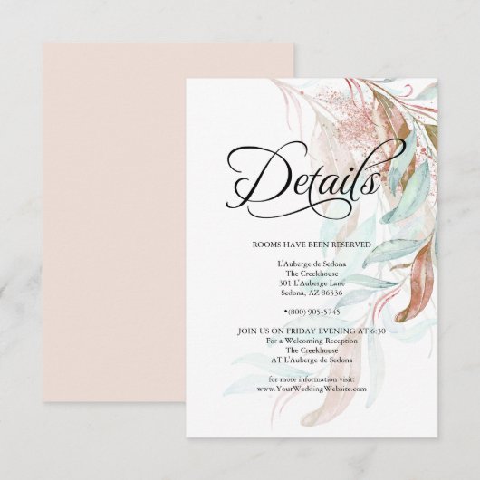 Invitation DÉTAILS DU CLIENT | Aqua Coral Eucalyptus Feuilles (Devant / Derrière)