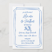 Invitation Détails du Mariage à main bleue et blanche Code Qr (Devant)