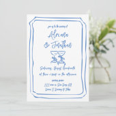 Invitation Détails du Mariage à main bleue et blanche Code Qr (Debout devant)