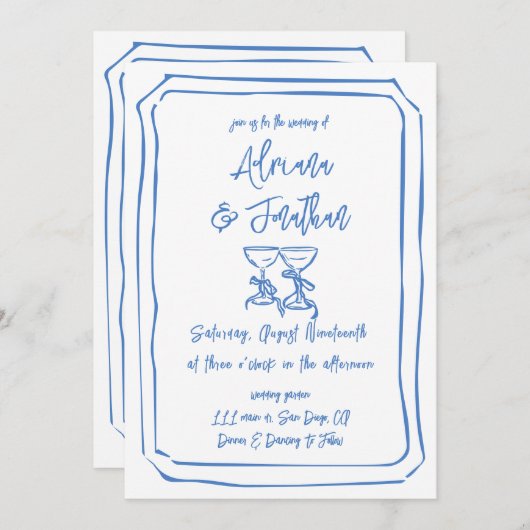 Invitation Détails du Mariage à main bleue et blanche Code Qr (Devant / Derrière)