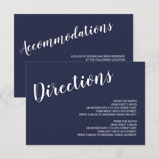 Invitation Détails du Mariage bleu marine moderne Script (Devant / Derrière)