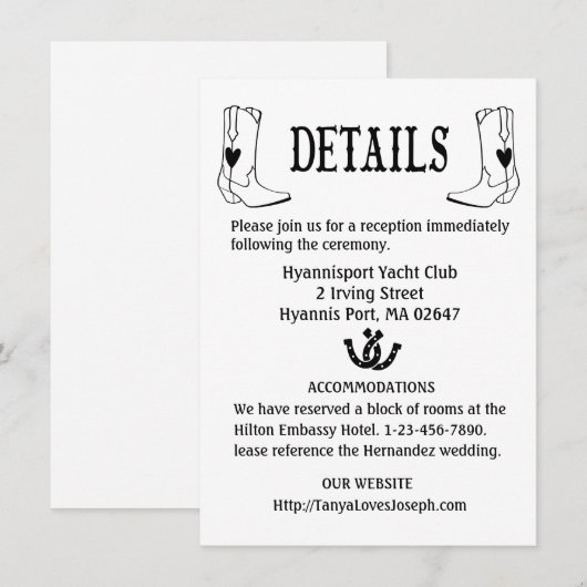 Invitation Détails du mariage campagnard Bottes Cowboy Wester (Devant / Derrière)