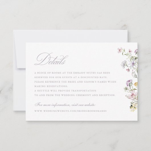 Invitation Détails du Mariage de script Fleur sauvage élégant (Devant)