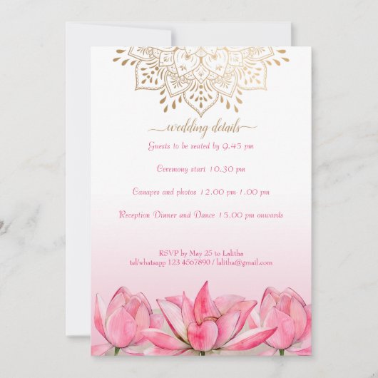 Invitation Détails du mariage indien RSVP lotus or mandala (Devant)