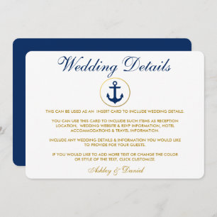 Invitation Détails du Mariage Nautique Blue Gold Insérer