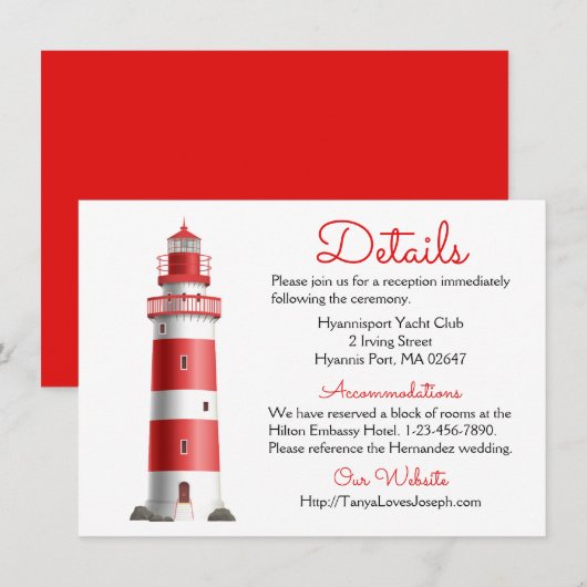 Invitation Détails du Mariage nautique Phare Rouge Été (Devant / Derrière)