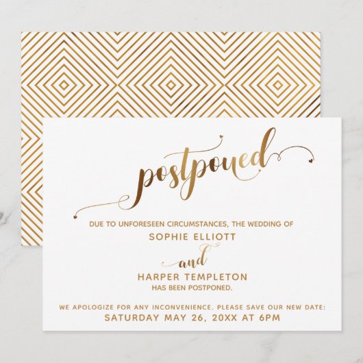 Invitation Détails du Mariage reporté Gold Hearts Calligraphi (Devant / Derrière)