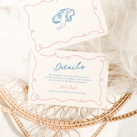 Invitation Détails du Mariage rose et bleu dessiné à la main