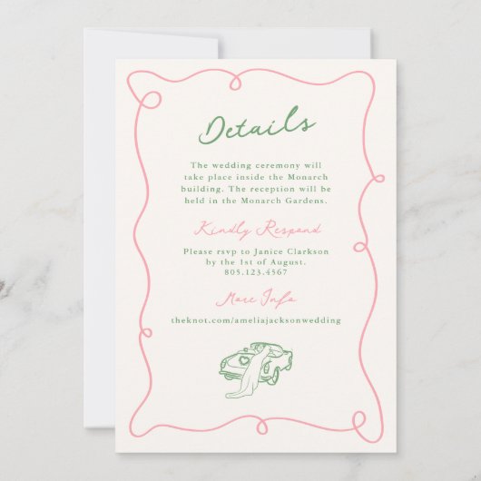 Invitation Détails du Mariage rose et vert à main lunaire (Dos)