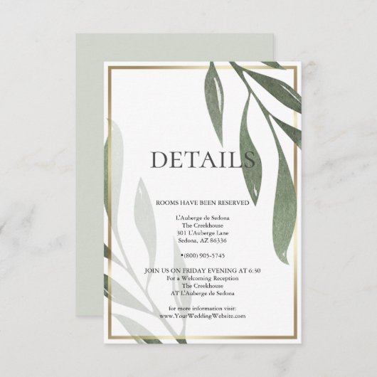 Invitation DÉTAILS DU MARIAGE | Sage Green Olive Foliing (Devant / Derrière)