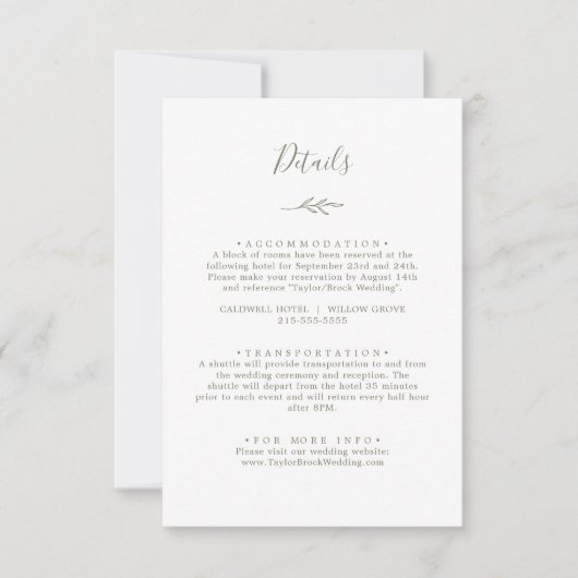 Invitation Détails du Mariage vert olive feuille minimum impr (Devant)