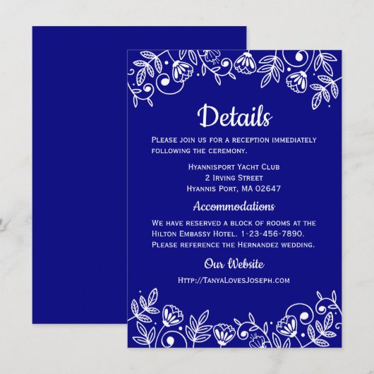 Invitation Détails sur le Mariage bleu de la marine Floral El (Devant / Derrière)