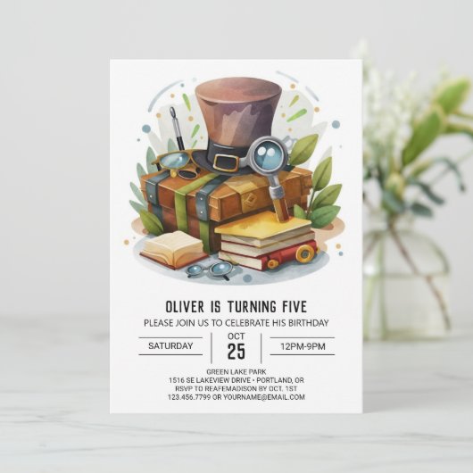 Invitation Détective Cute Boho Anniversaire (Debout devant)