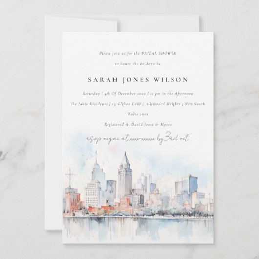 Invitation Detroit Michigan Watercolor Scape Bridal Shower (Devant)