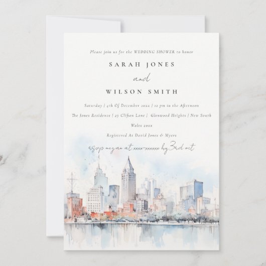 Invitation Detroit Michigan Watercolor Scape Wedding Shower (Devant)