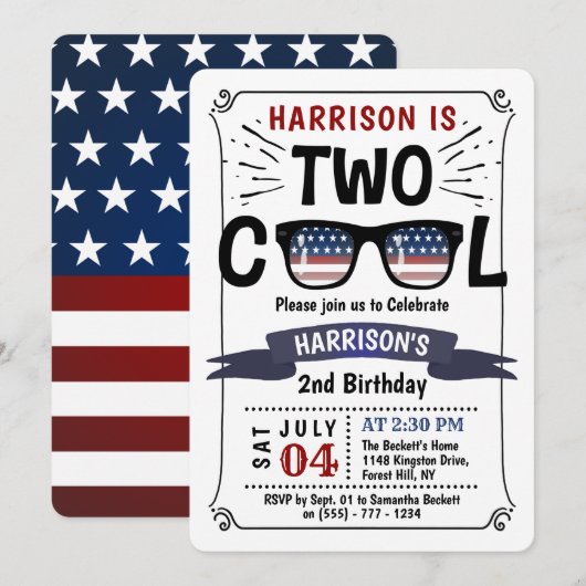 Invitation Deux 4 juillet Cool garçons 2e anniversaire (Devant / Derrière)