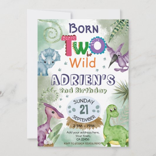Invitation DEUX à être Dinosaure SAUVAGE Thème Anniversaire F (Devant)