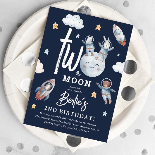 Invitation Deux à la Lune Animaux de l'Espace Mignons 2ème An