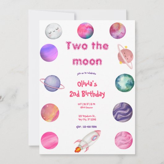 Invitation Deux à la Lune Fille Rose 2e Anniversaire (Devant)