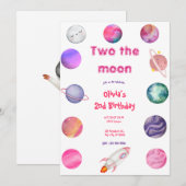 Invitation Deux à la Lune Fille Rose 2e Anniversaire (Devant / Derrière)