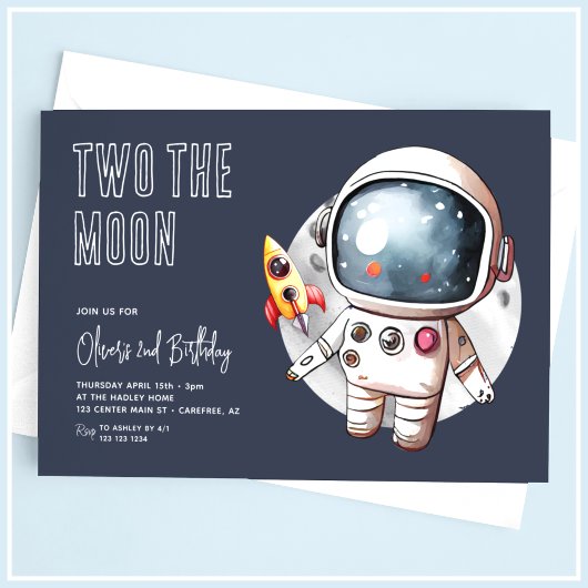 Invitation Deux à la Lune Moderne Bleu 2e Anniversaire