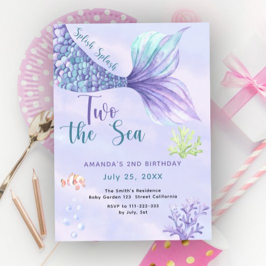 Invitation Deux à la Mer Sirène Rose Violet 2ème Anniversaire