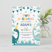 Invitation deux-a-saurus blanc 2e anniversaire Dinosaure vert (Debout devant)
