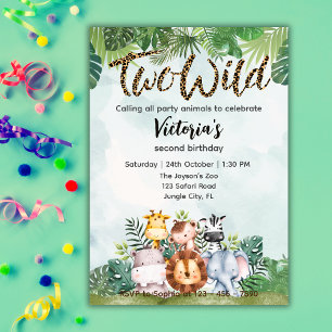 Invitation Deux Animaux de Safari Mignons Sauvages Fêtent leu