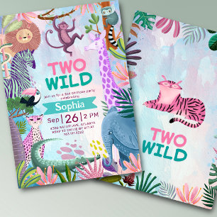Invitation Deux animaux sauvages de la jungle safari Fille an