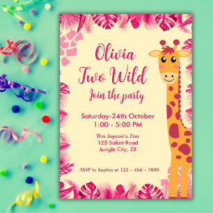 Invitation Deux Animaux Sauvages de Safari Girafe Fille Rose