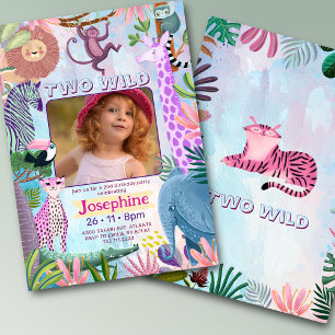 Invitation Deux animaux sauvages de safari jungle fille anniv