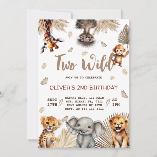 Invitation Deux animaux sauvages Safari 2e anniversaire (Devant)