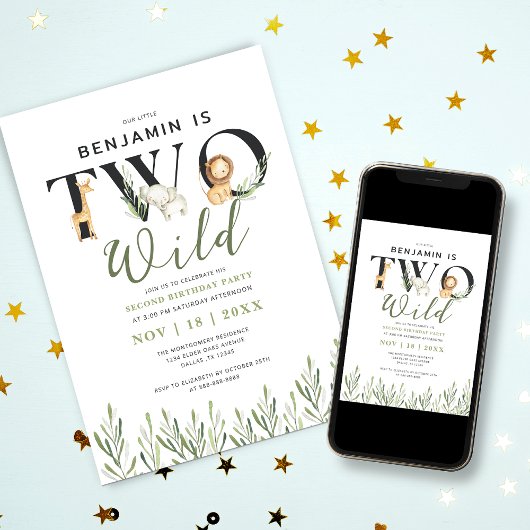 Invitation Deux animaux sauvages Safari Boy 2e fête d'anniver