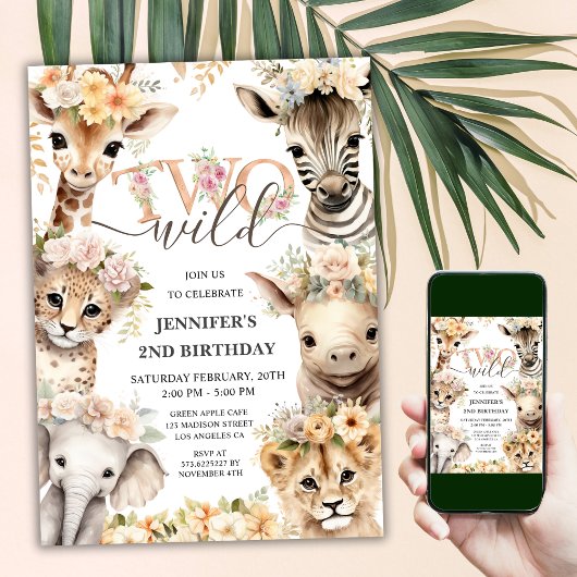 Invitation DEUX animaux sauvages Safari Girl 2e anniversaire