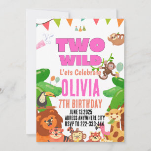 Invitation Deux animaux sauvages Safari Girl's 2e anniversair