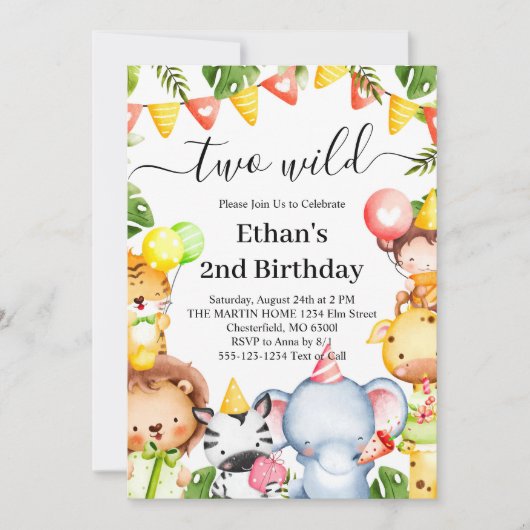 Invitation Deux animaux sauvages Safari Jungle 2e fête d'anni (Devant)