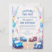 Invitation Deux Anniversaire Rapide Voiture de Course Bleue (Devant)