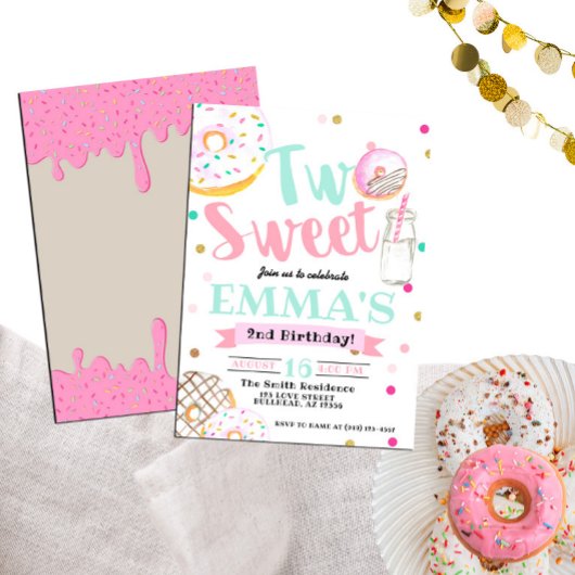 Invitation Deux Aquarelle Douce Donut 2e Anniversaire