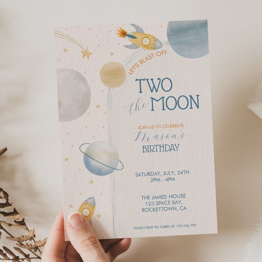 Invitation Deux au garçon de la lune Fusée spatiale 2e annive