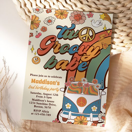 Invitation Deux Babe Retro Super Rainbow 2e fête d'anniversai