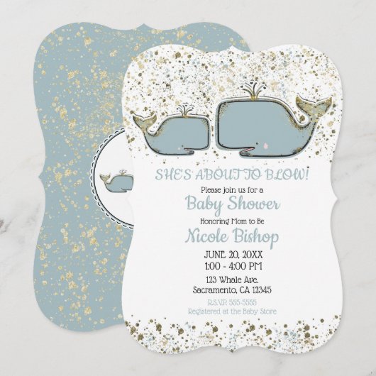 Invitation Deux baleines de mer Baby shower Boutique Blue & G (Devant / Derrière)