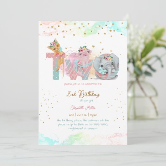 Invitation Deux Bébé Rose Douce Bébé Fille 2e anniversaire (Debout devant)