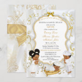 Invitation Deux bébés garçons et fille Baptême Christening Or (Devant / Derrière)