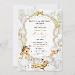 Invitation Deux bébés garçons et fille Baptême Christening Or