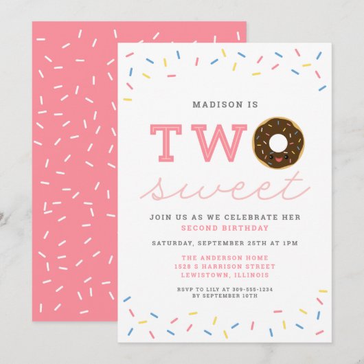Invitation Deux beignets sucrés et arrosées 2e anniversaire (Devant / Derrière)
