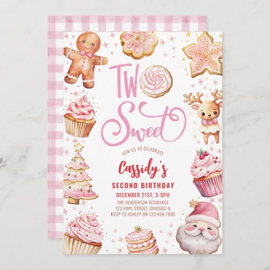Invitation Deux biscuits de Noël doux Fille 2e fête d'anniver (Devant / Derrière)
